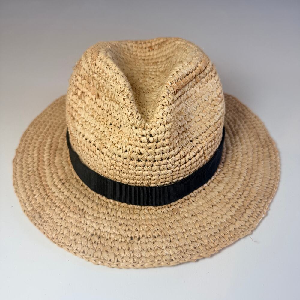 J.Crew packable Straw Fedora Hat - Natural Raffia with Black Grosgrain Band S/M